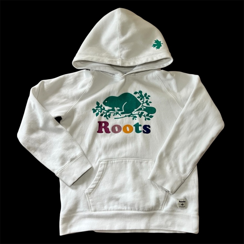 Roots Kids White Kanga Hooded Sweatshirt with Multicolor Logo Beaver Textured XL